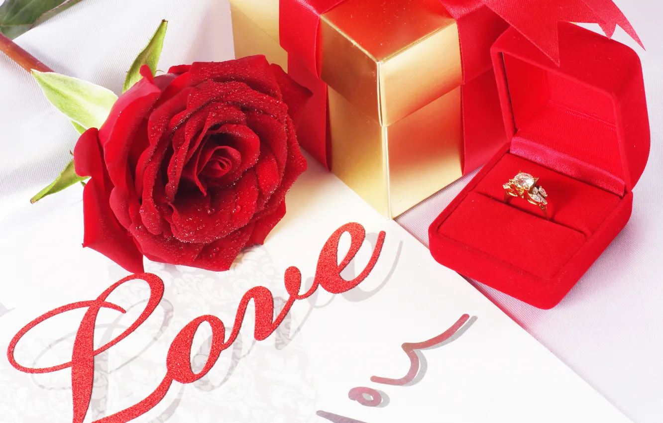 Photo wallpaper drops, love, gift, rose, red, wedding, engagement ring, wedding rings
