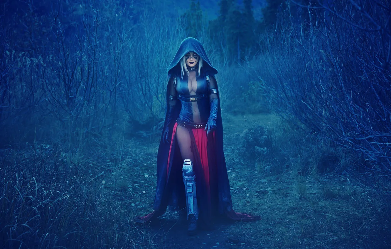 Photo wallpaper grass, girl, hood, cloak, cosplay