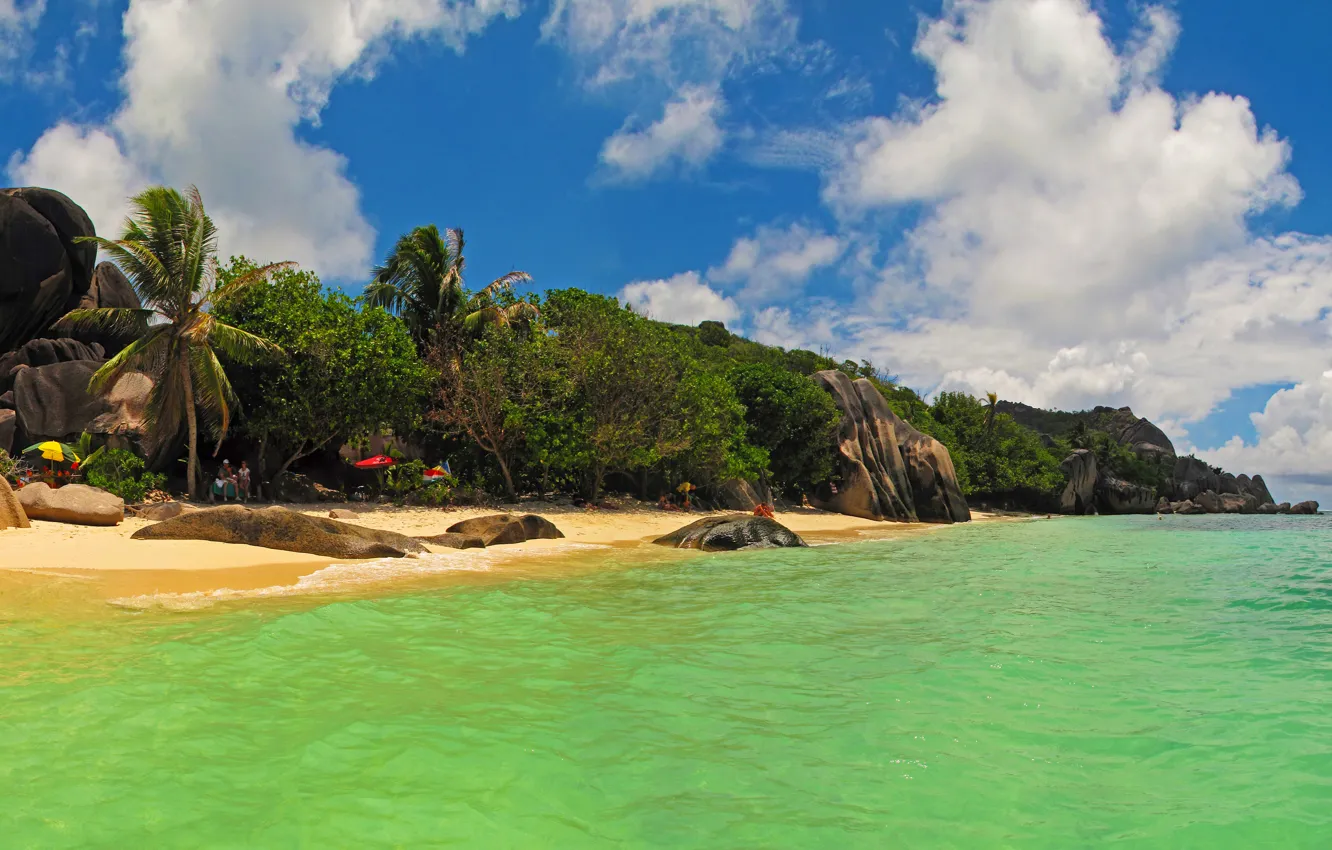 Photo wallpaper beach, tropics, stones, palm trees, rocks, coast, island, Seychelles