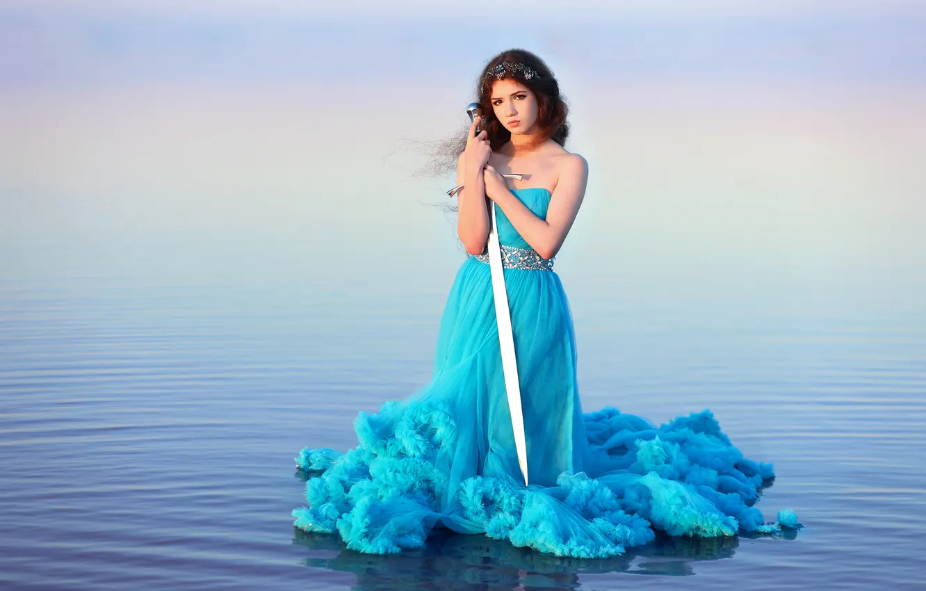 Photo wallpaper look, girl, nature, style, pond, blue dress, Albina Khusainova