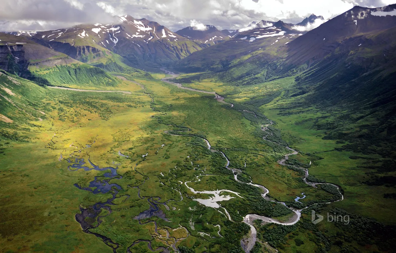 Photo wallpaper snow, mountains, river, valley, Alaska, USA