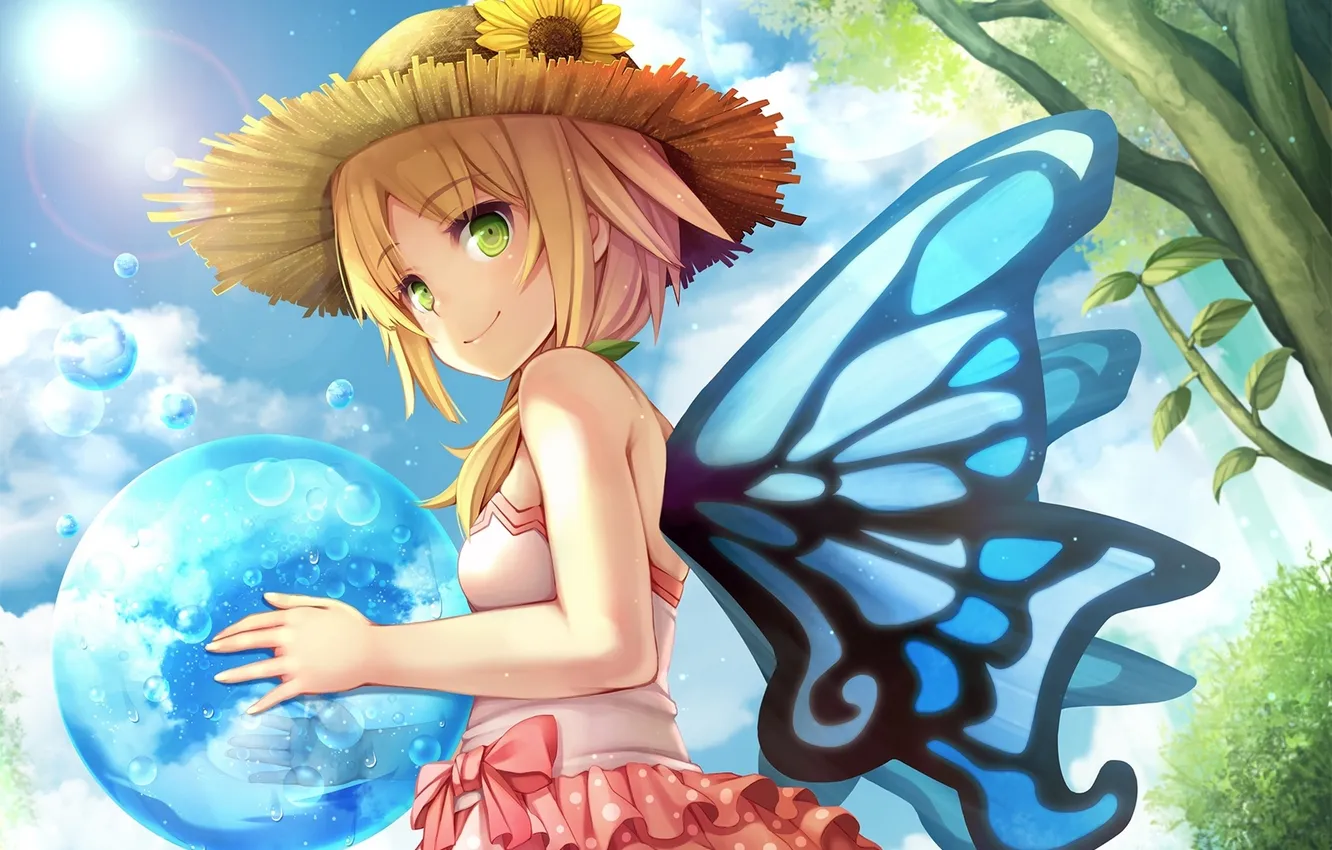 Photo wallpaper girl, smile, wings, hat, anime, art, sphere, Square Enix