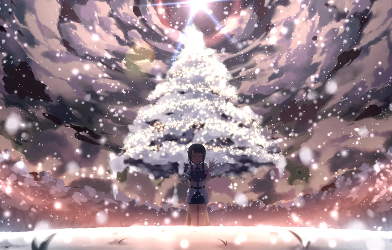 Photo wallpaper the sky, girl, stars, clouds, snow, tree