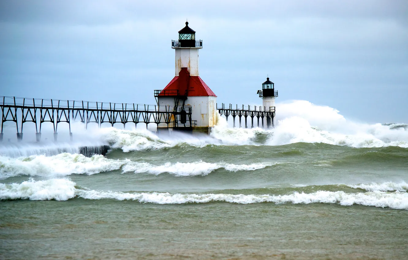 Photo wallpaper wave, storm, lighthouse, lake Michigan, Lake Michigan