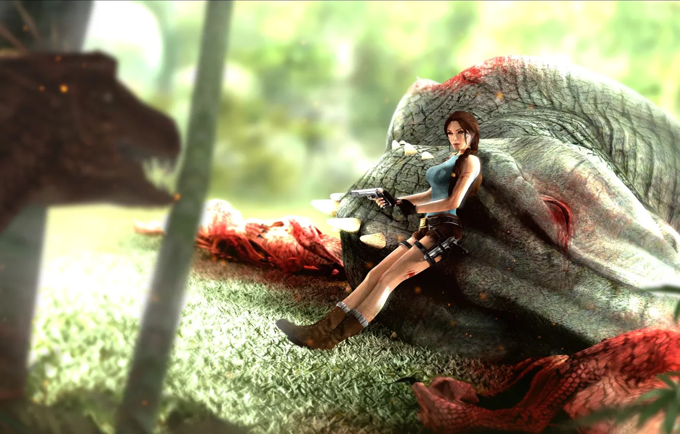 Photo wallpaper Tomb Raider, forest, Lara Croft, dinosaur