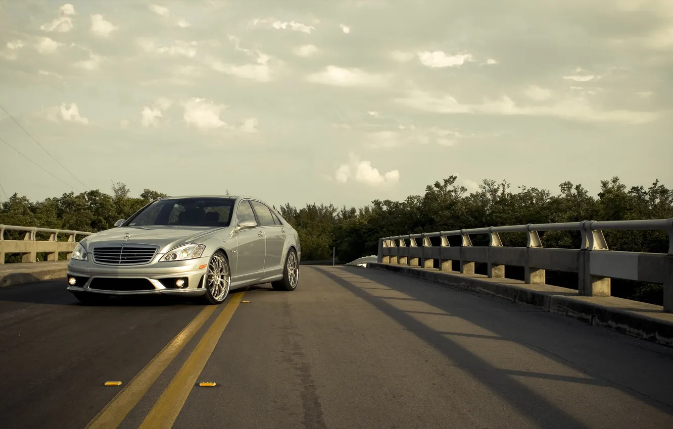 Photo wallpaper the sky, bridge, silver, Mercedes, Mercedes, AMG, the front part, silvery