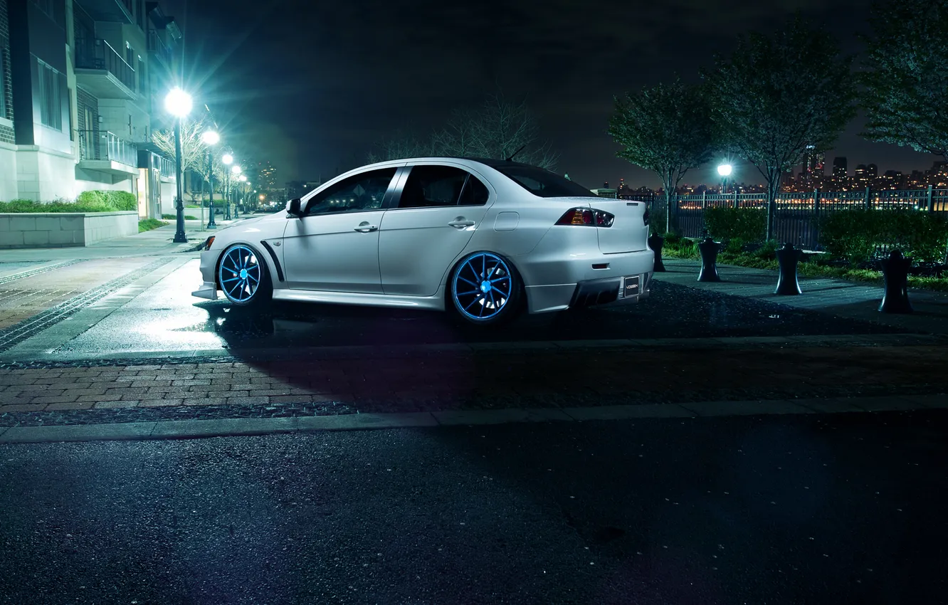 Photo wallpaper white, night, the city, lights, Mitsubishi, Lancer, white, Evolution