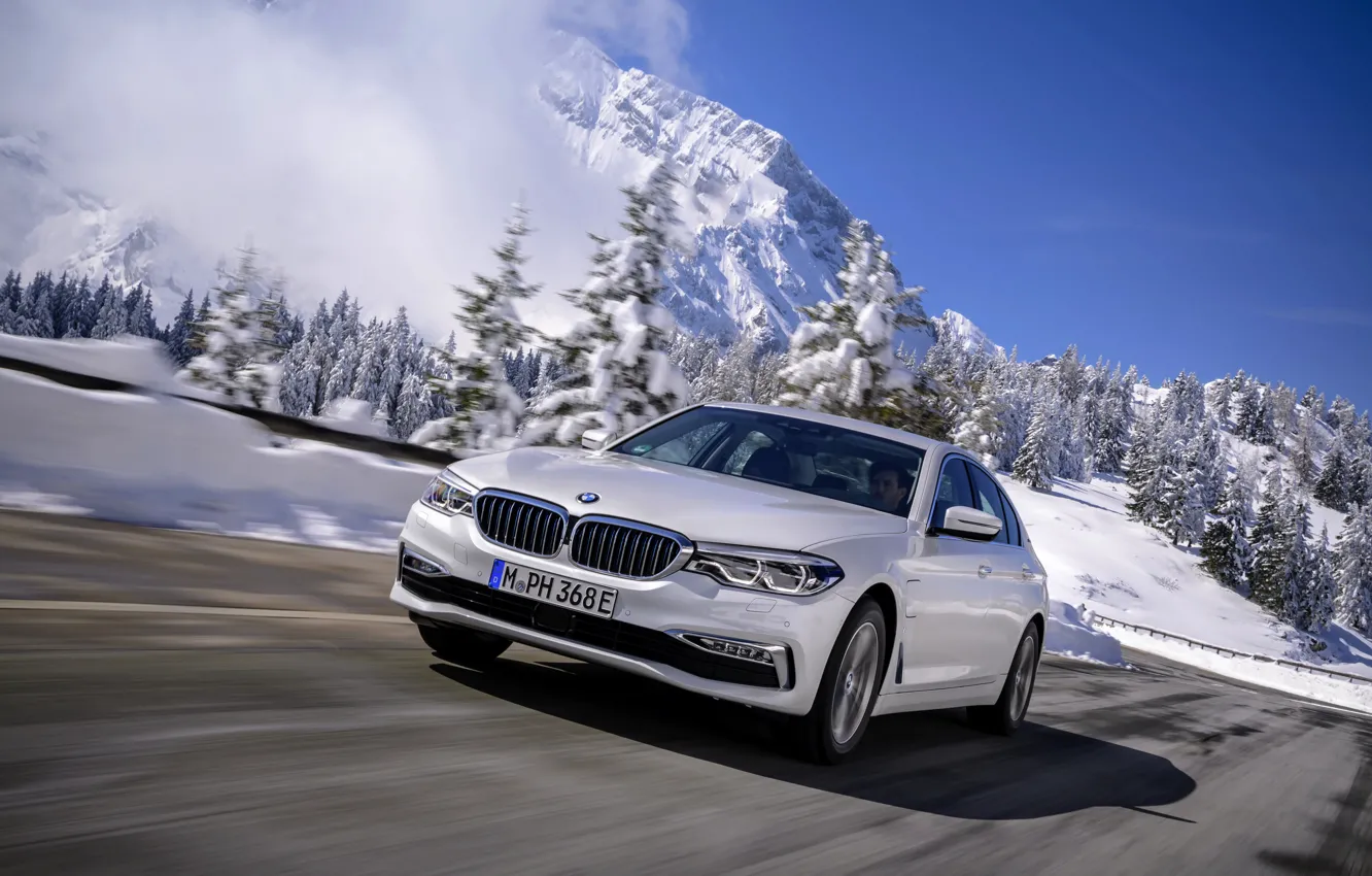 Photo wallpaper white, snow, mountains, BMW, sedan, hybrid, 5, four-door