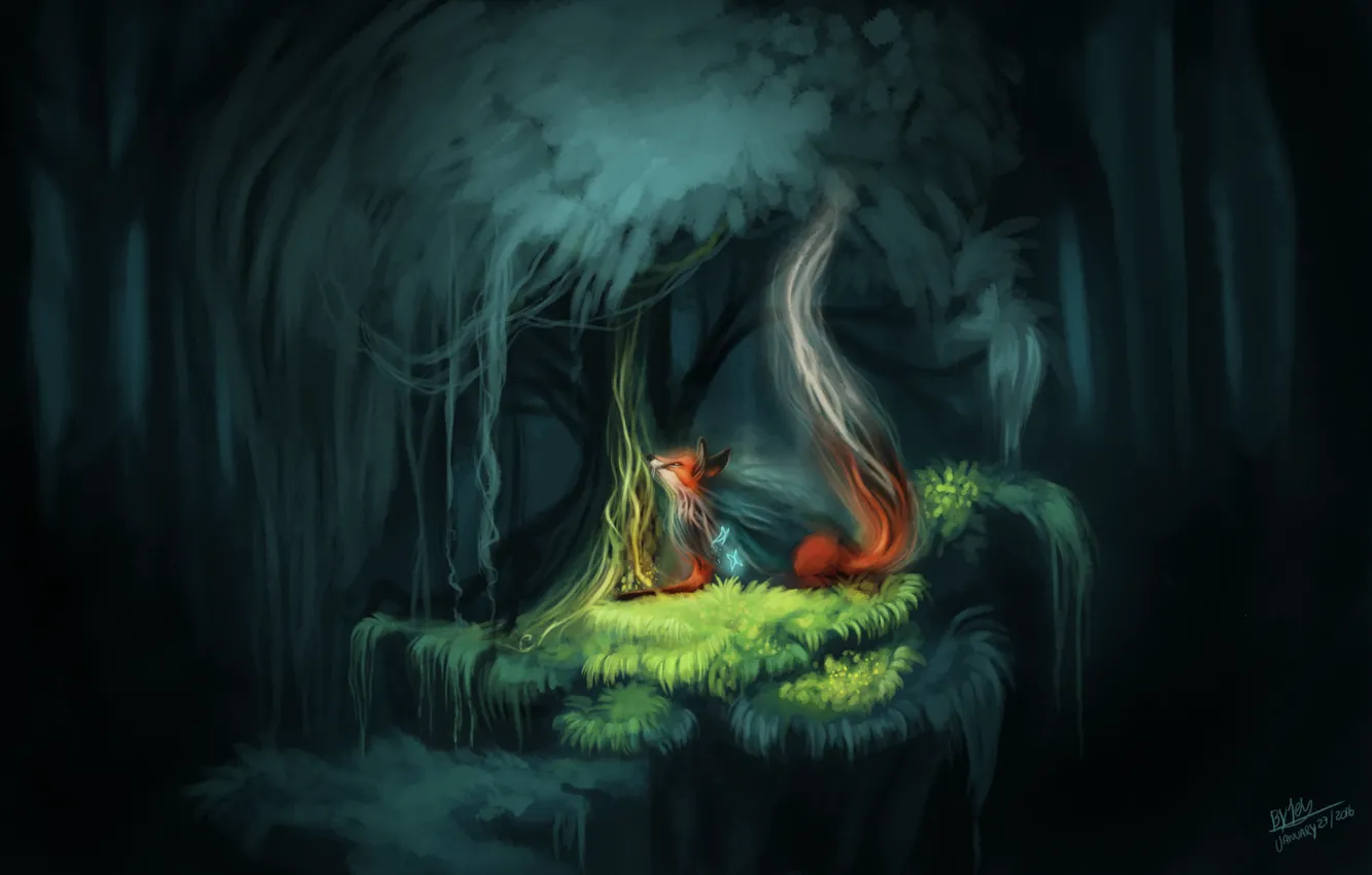 Photo wallpaper forest, butterfly, nature, fantasy, Fox, by TehChan, the spirit of the forest