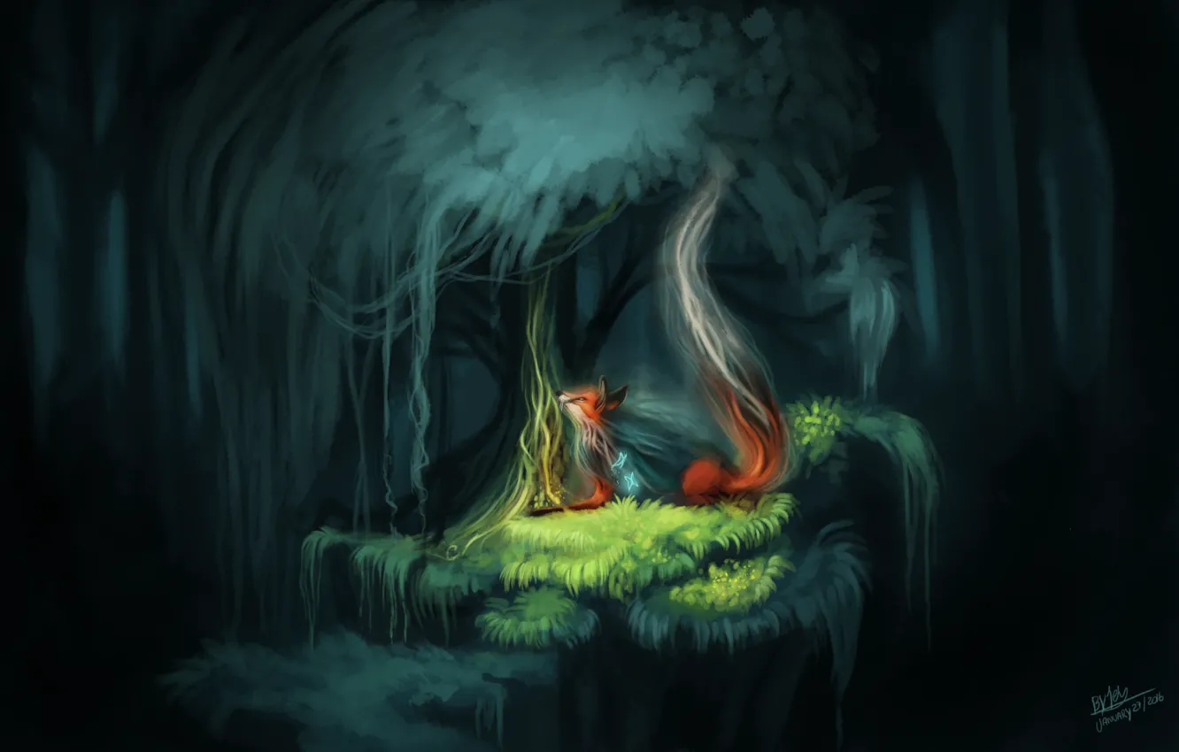 Photo wallpaper forest, nature, butterfly, fantasy, Fox, by TehChan, the spirit of the forest