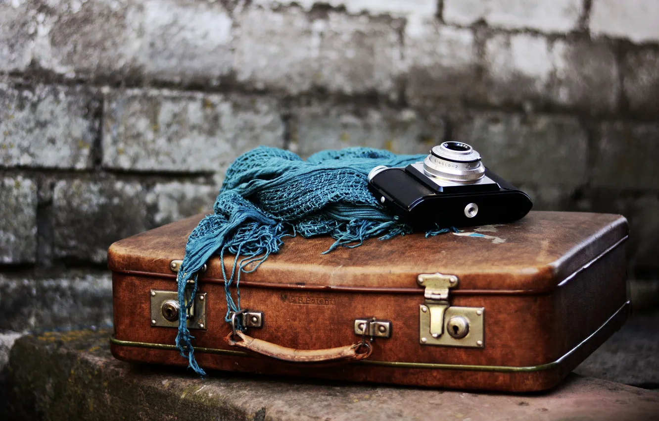 Photo wallpaper blue, background, wall, things, brick, scarf, the camera, suitcase