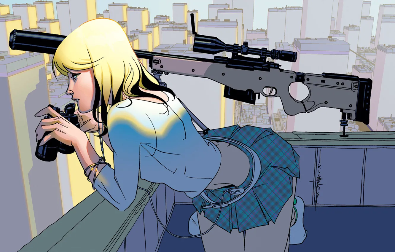 Photo wallpaper roof, girl, the city, blonde, binoculars, sniper, sight, rifle