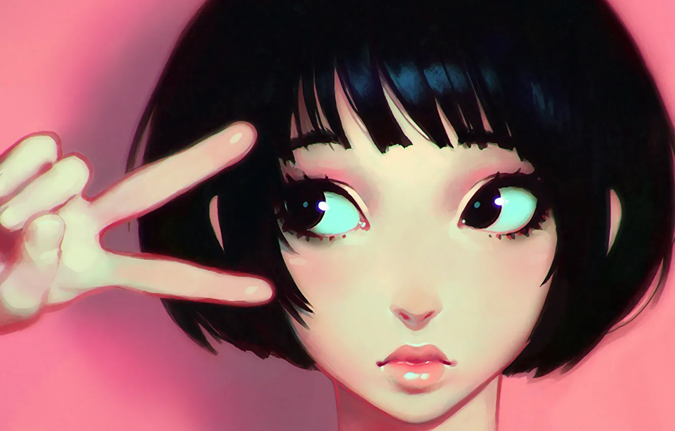 Photo wallpaper eyes, look, girl, face, hands, fingers, gesture