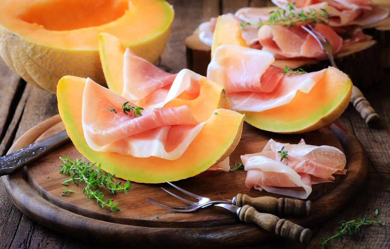 Photo wallpaper food, meat, melon, melon, ham, jamon