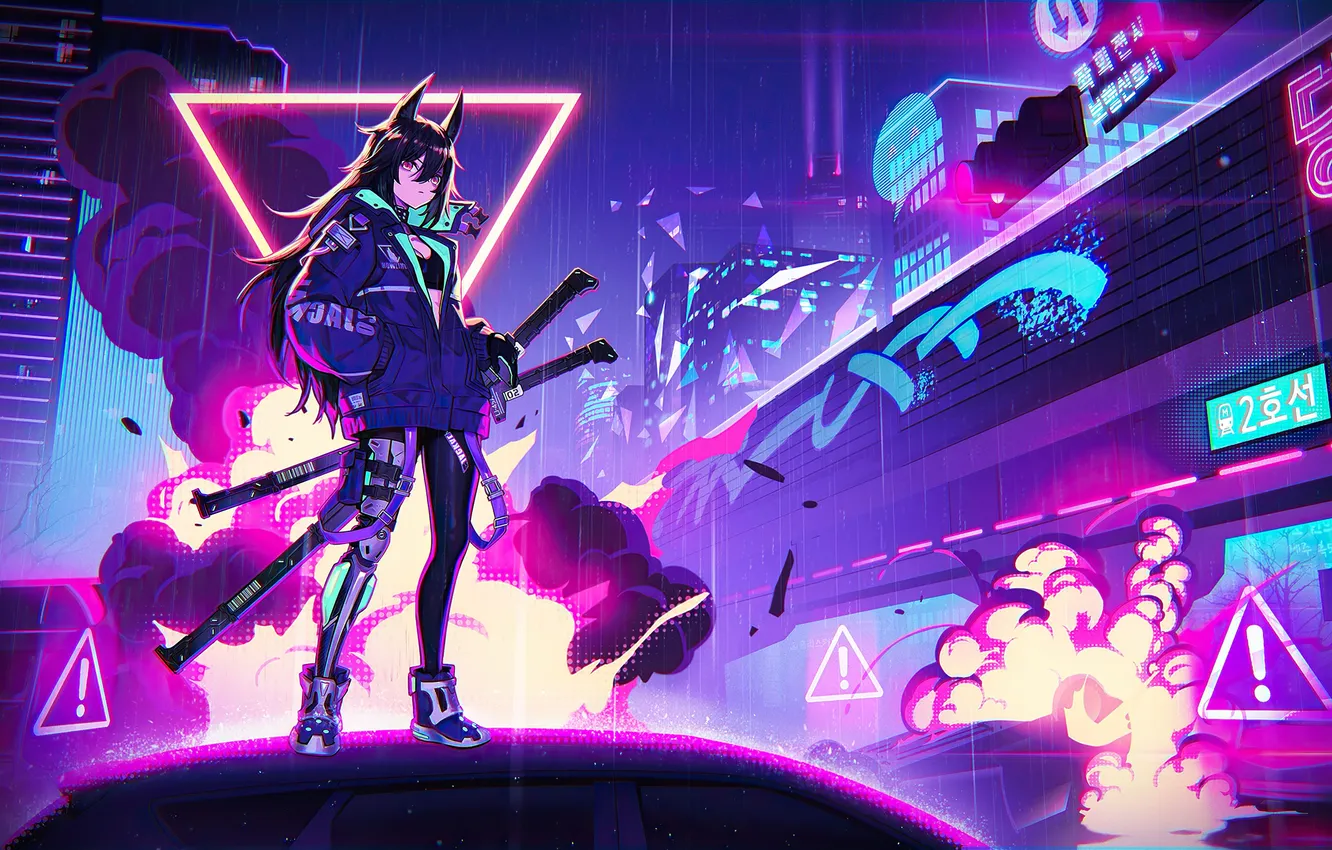 Photo wallpaper girl, anime, brunette, swords