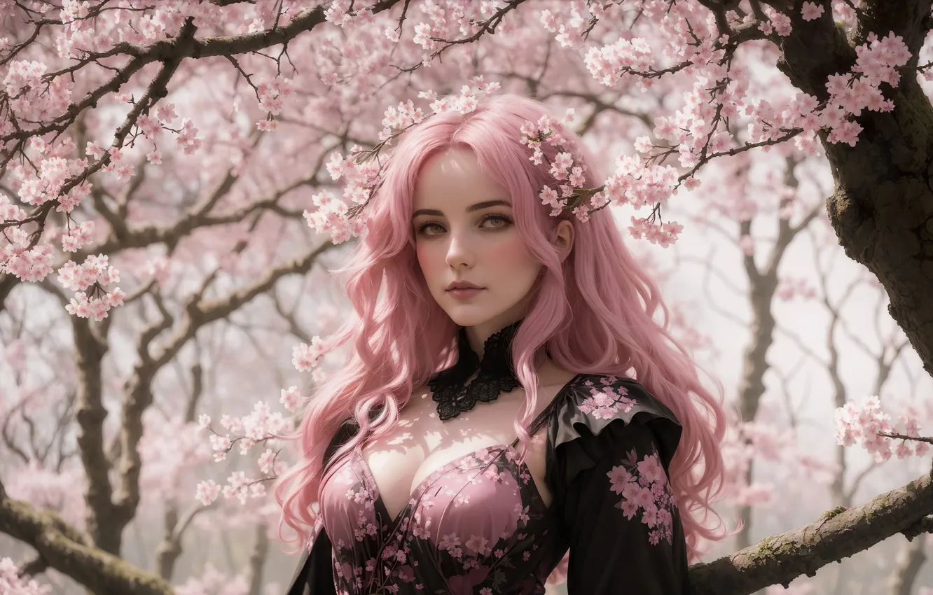 Photo wallpaper girl, fantasy, pink hair, dress, nature, art, sakura, fantasy art