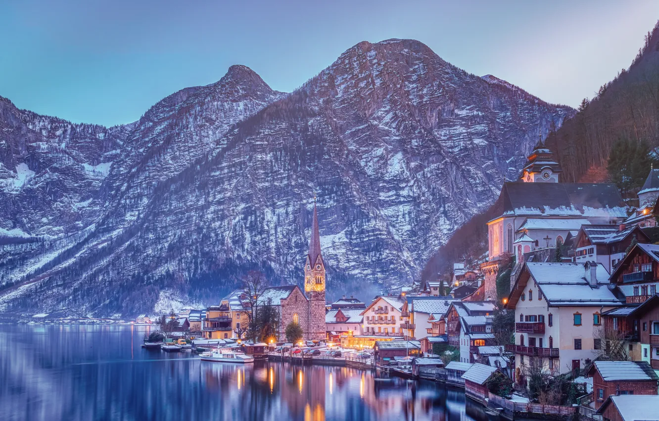 Photo wallpaper winter, mountains, lake, home, Austria, Alps, Austria, Hallstatt