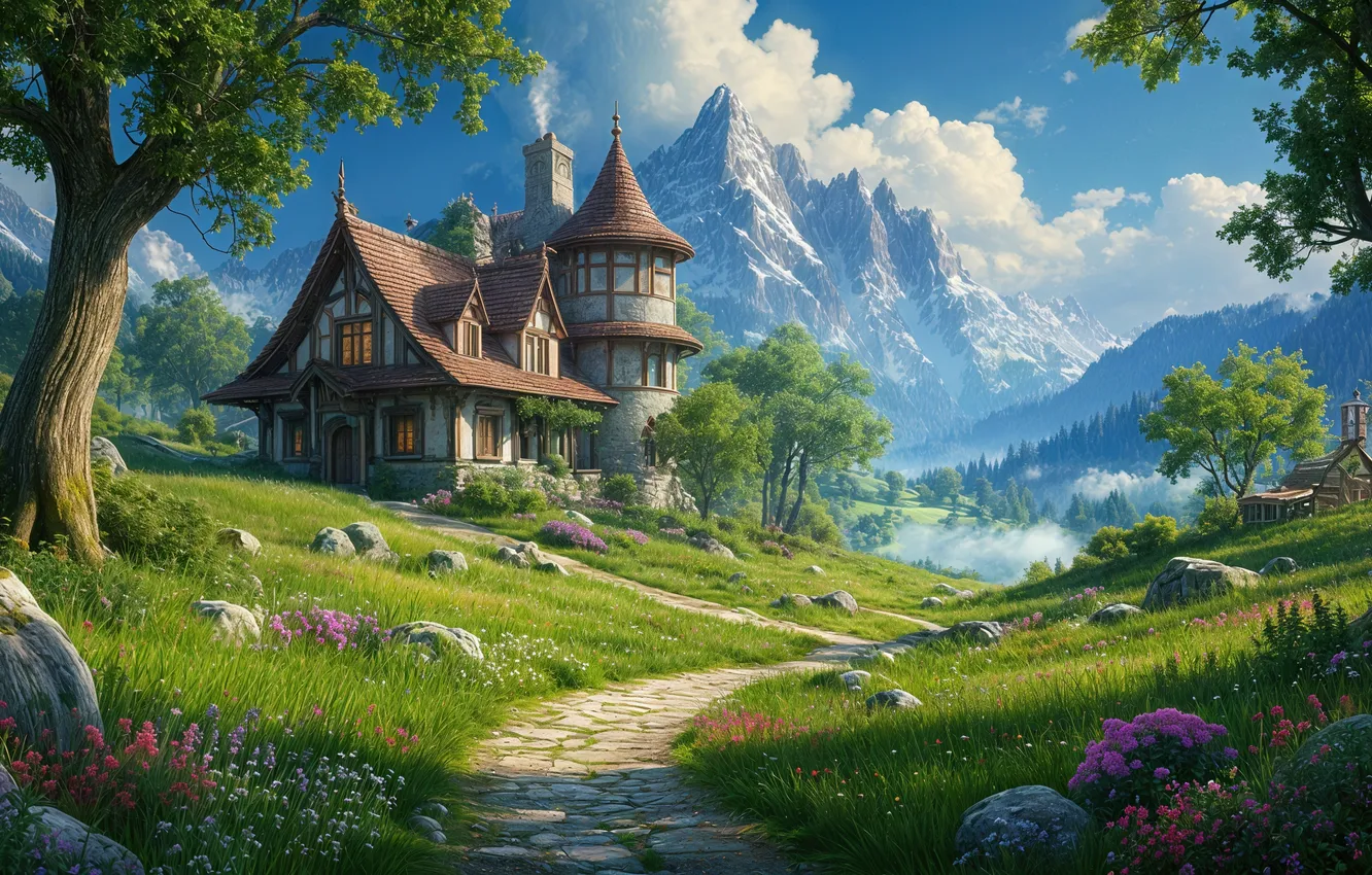 Photo wallpaper mountains, castle, path, AI art, neural network