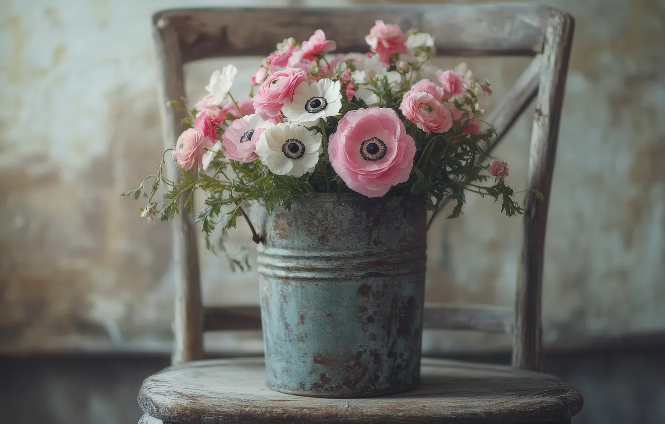 Photo wallpaper flowers, wall, bouquet, rust, chair, bucket, pink, white
