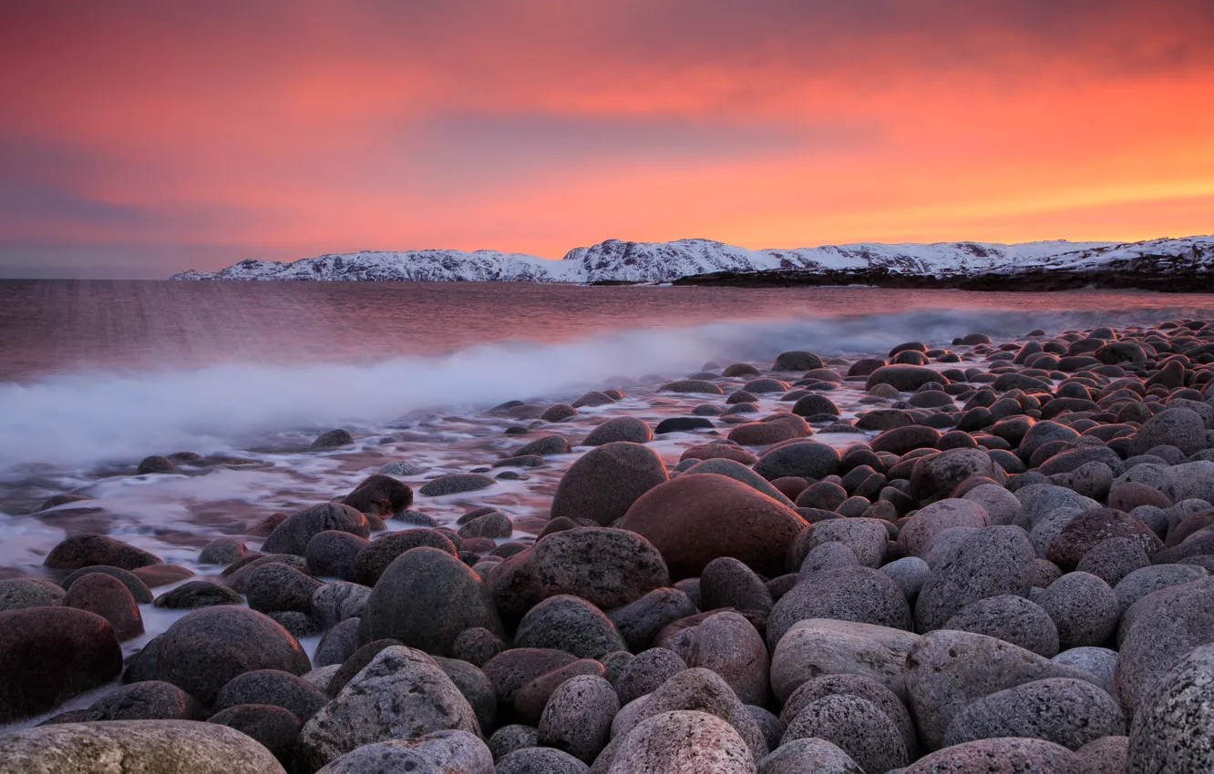 Photo wallpaper sea, sunset, stones, boulders