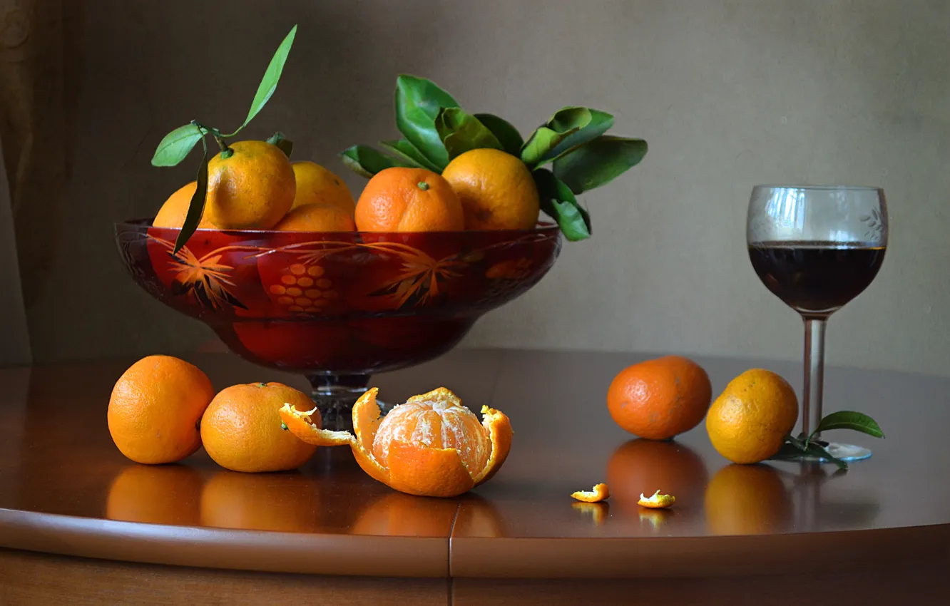 Photo wallpaper leaves, table, holiday, wine, glass, fruit, vase, still life