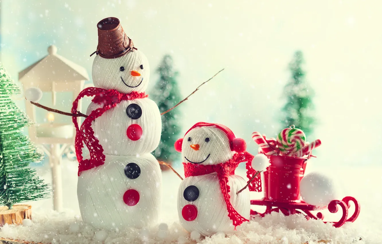 Photo wallpaper snow, holiday, new year, candy, snowmen, sled, figure, decor