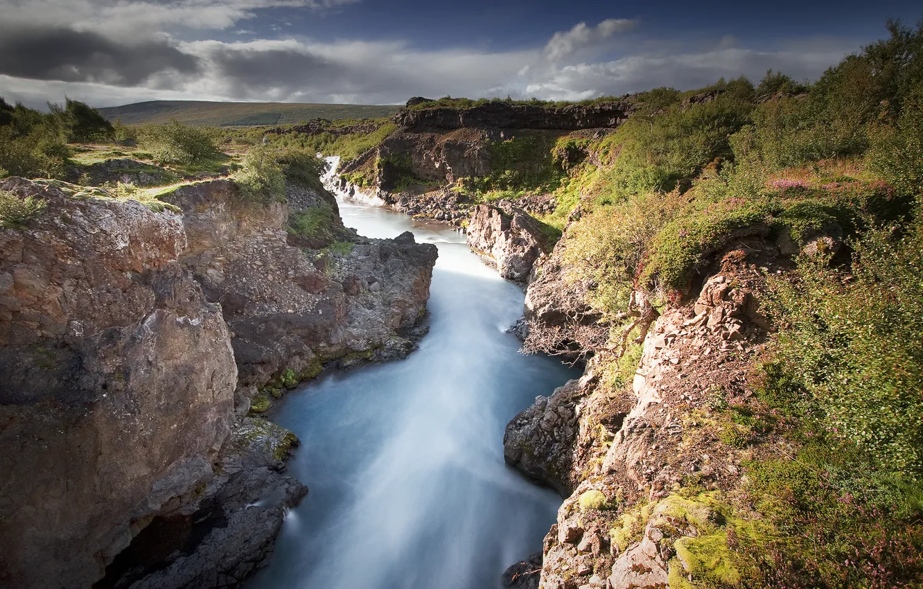 Photo wallpaper the sky, clouds, nature, river, rocks, plant