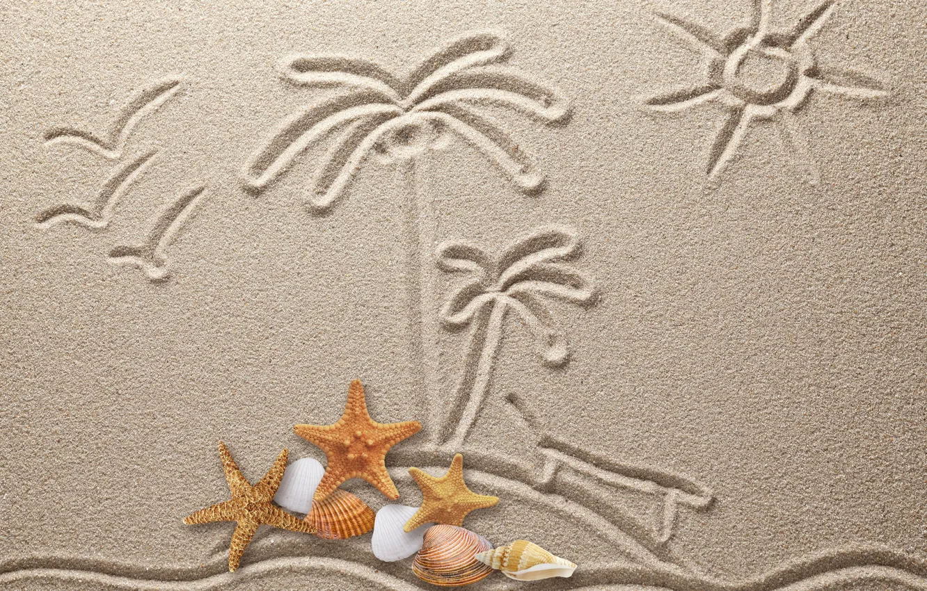 Photo wallpaper sand, figure, texture, sand, drawing, starfish, seashells