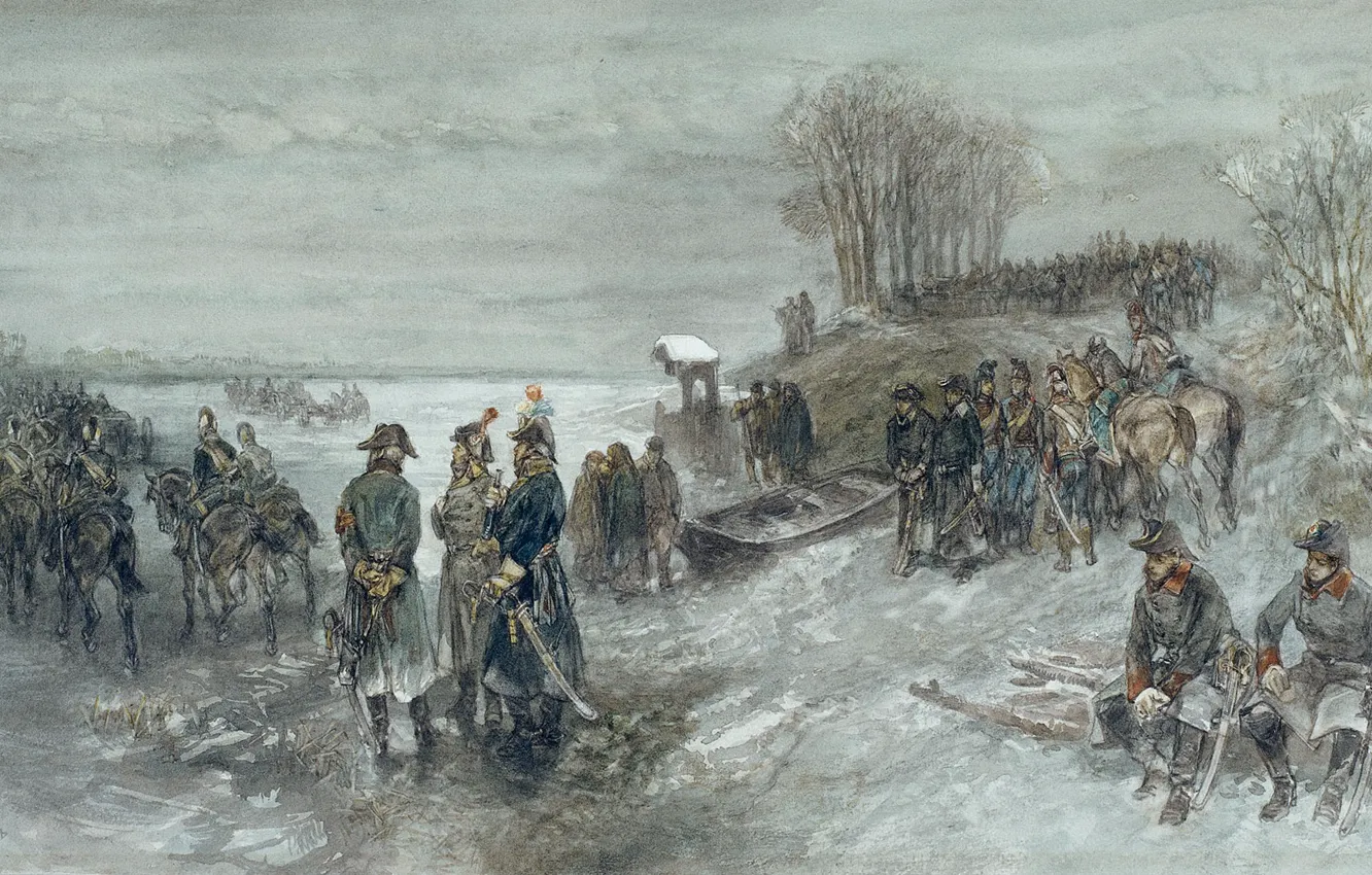 Photo wallpaper figure, watercolor, genre, Charles Rochussen, French Troops Crossed The Frozen River