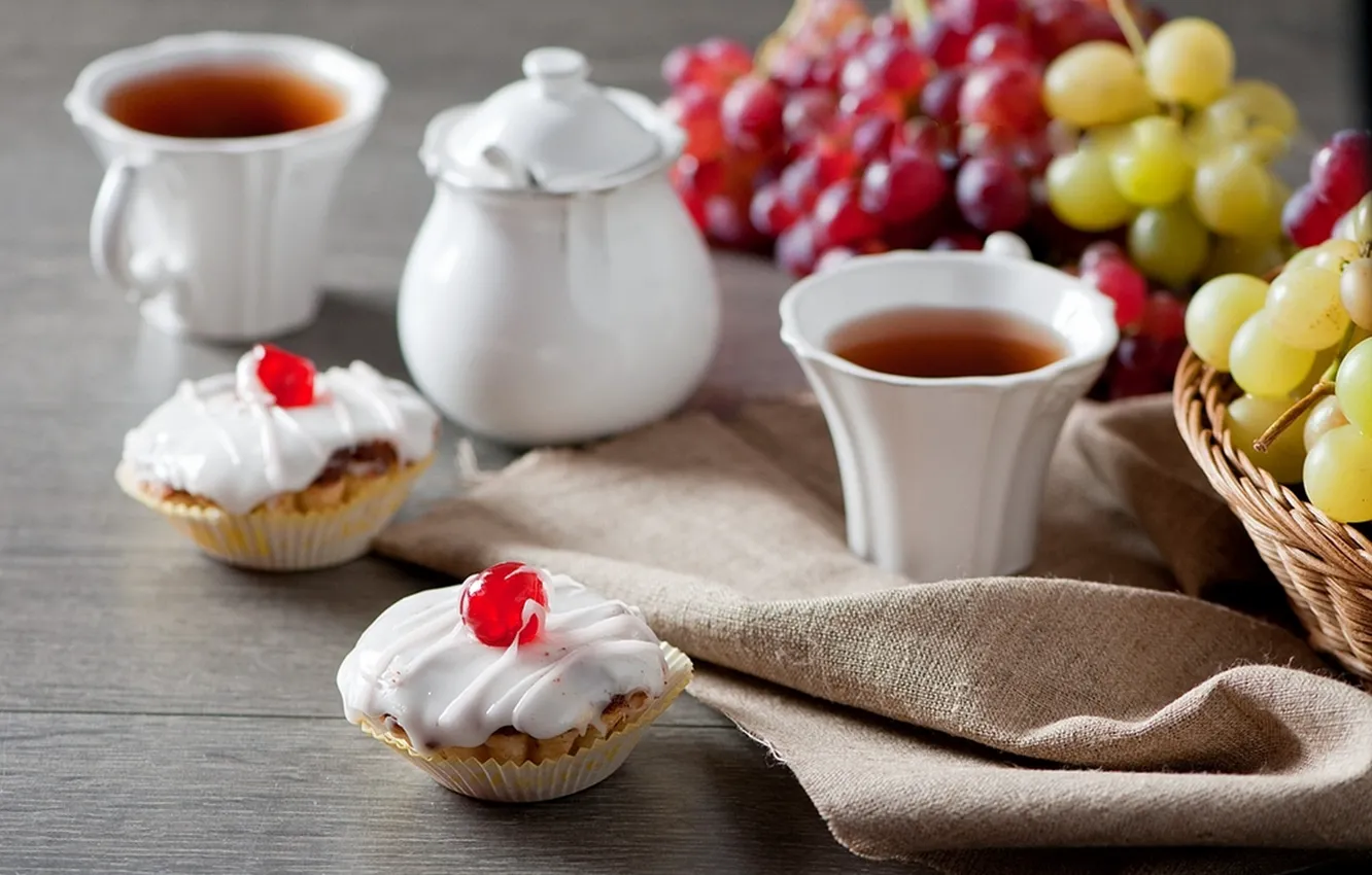 Photo wallpaper tea, food, pie, grapes, Cup, fruit, cream, dessert