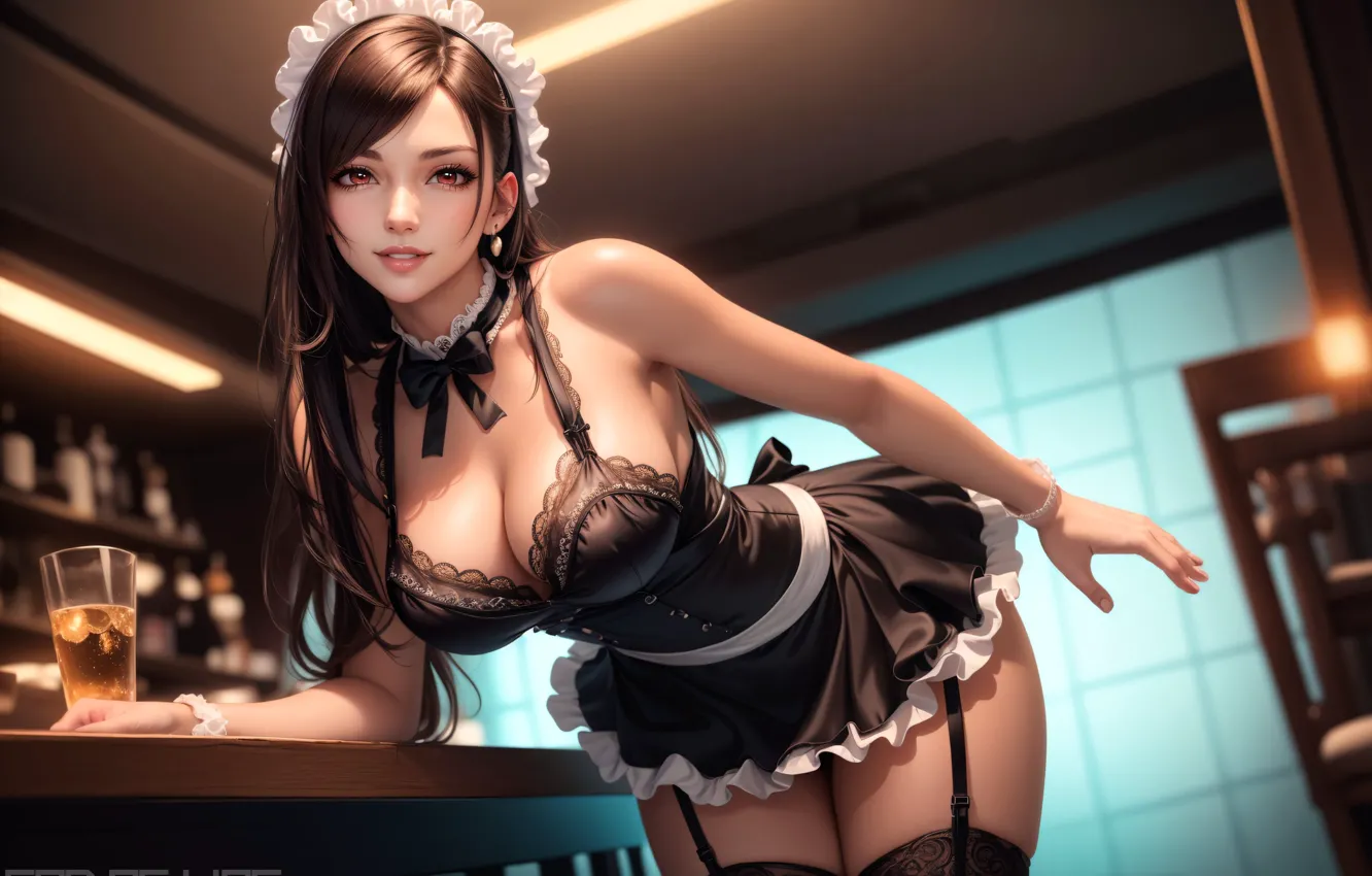 Photo wallpaper cleavage, long hair, red eyes, smiling, bent over, Big boobs, Tifa Lockhart, looking at viewer