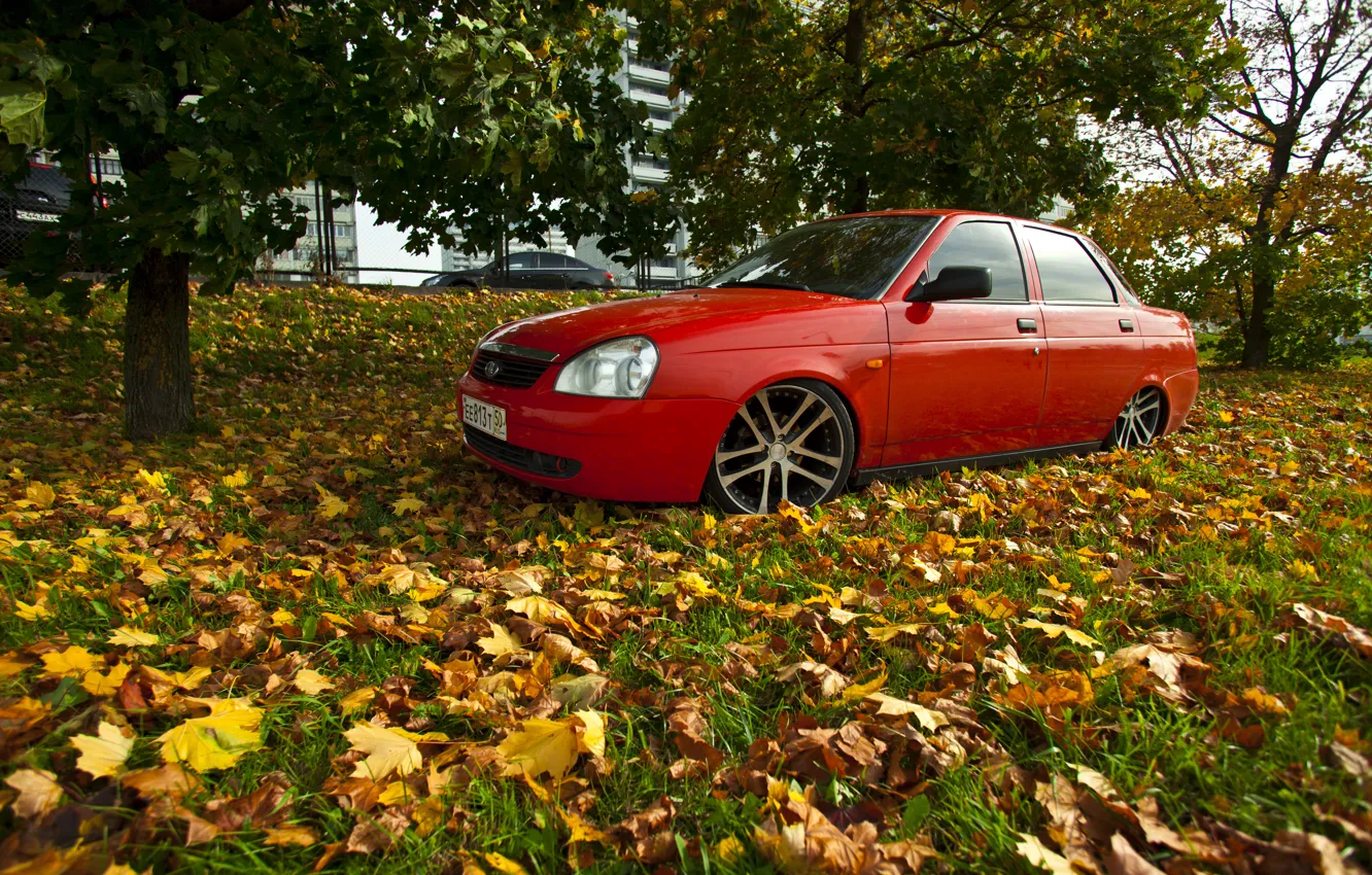 Photo wallpaper machine, auto, autumn, drives, auto, side, LADA, Priora