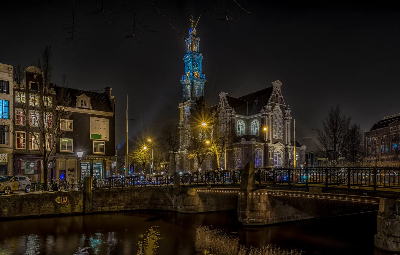 Photo wallpaper night, home, Amsterdam, Netherlands, The Westerkerk, The Western Church