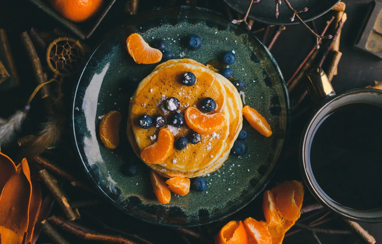 Photo wallpaper branches, berries, the dark background, coffee, blueberries, cakes, slices, dish