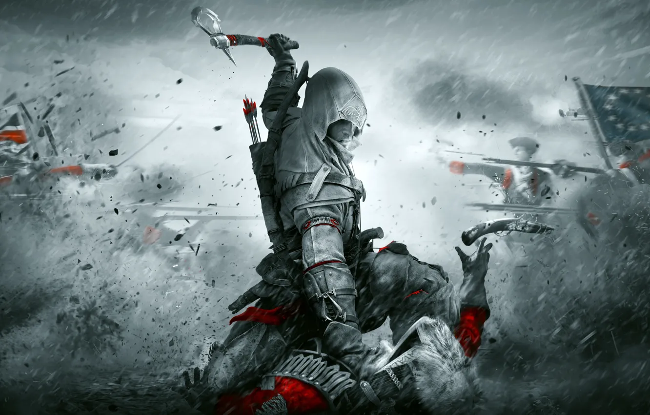 Photo wallpaper weapons, rain, warriors, Assassin's Creed III