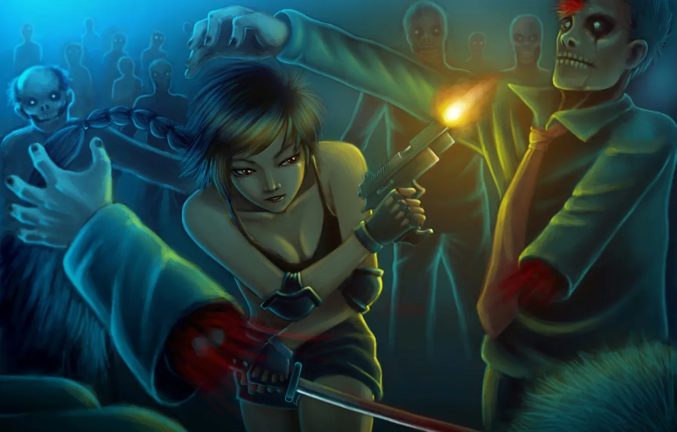 Photo wallpaper girl, gun, katana, shot, running, zombies, zombie