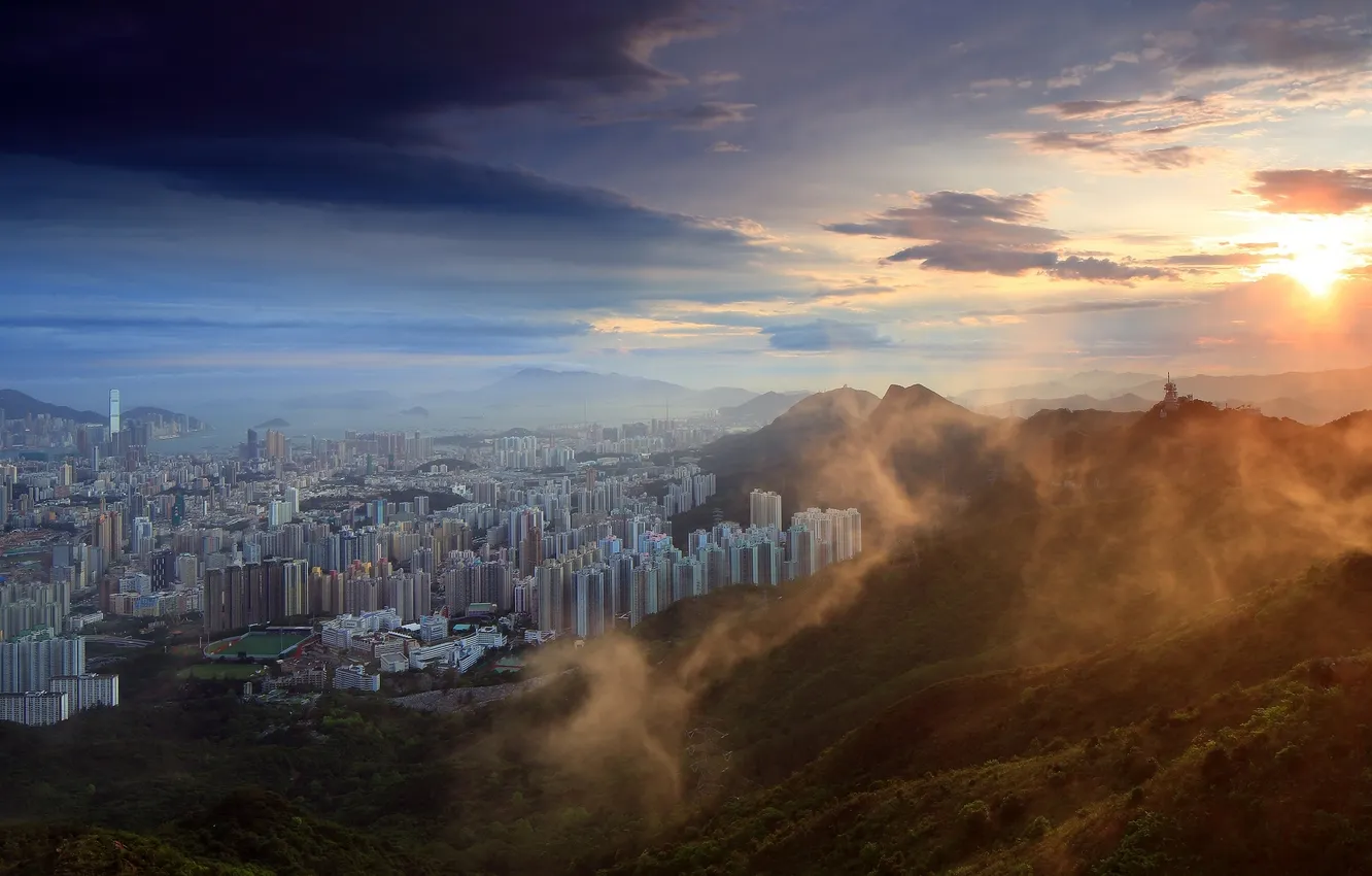 Photo wallpaper dawn, home, Hong Kong, skyscrapers, morning, haze, Kowloon Peninsula