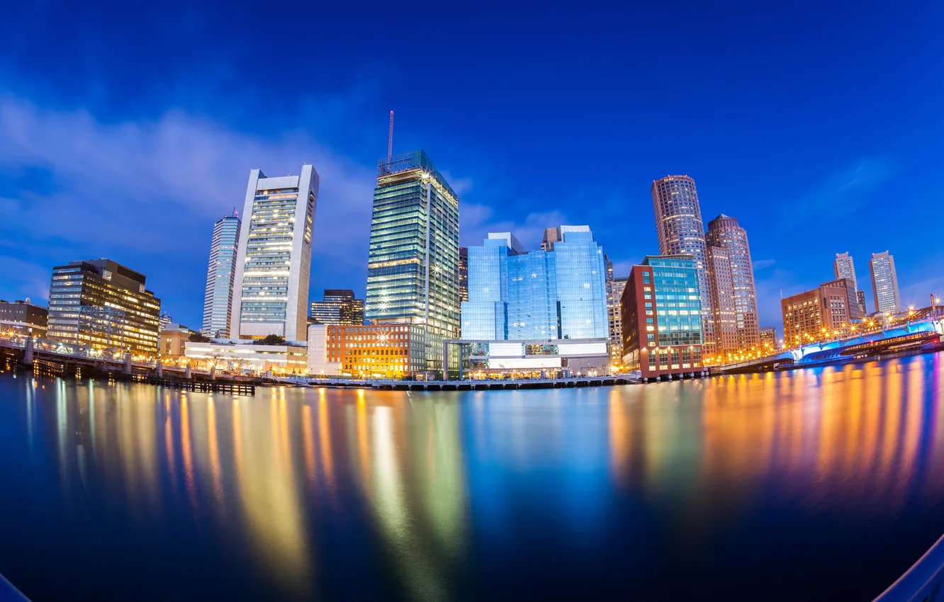 Photo wallpaper the city, reflection, river, home, the evening, Boston, Boston skyline