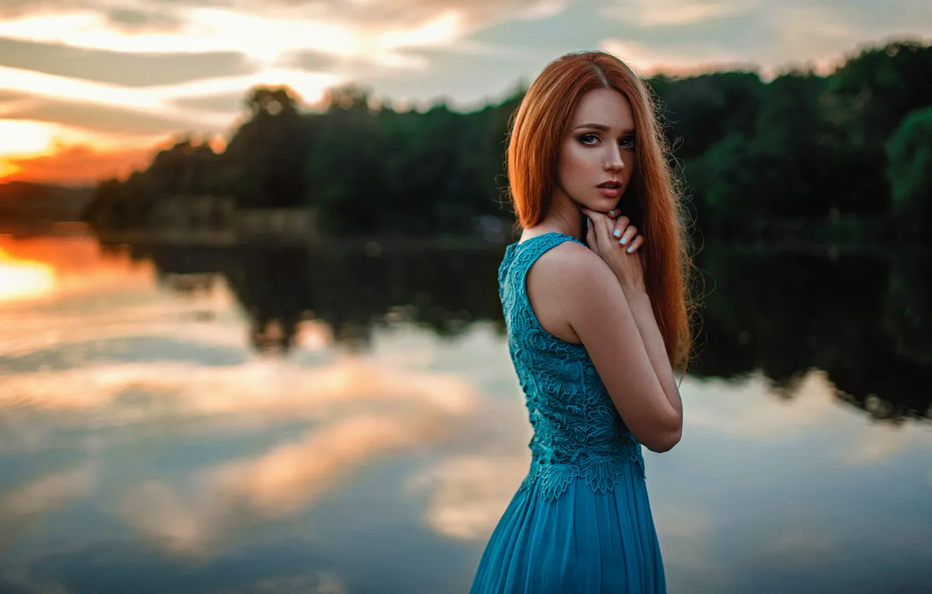 Photo wallpaper Sunset, The sun, Water, Girl, Lake, Hair, Dress, Beautiful