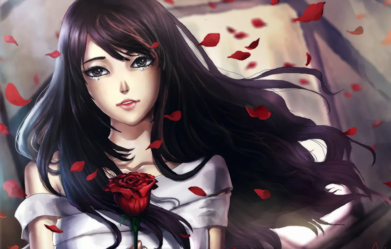 Photo wallpaper eyes, look, girl, flowers, face, roses, petals, art