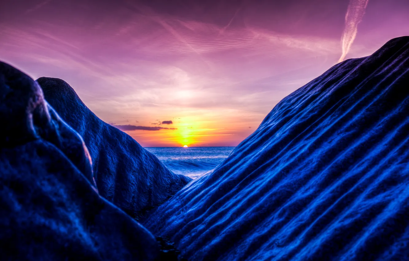 Photo wallpaper sea, sunset, mountains, nature