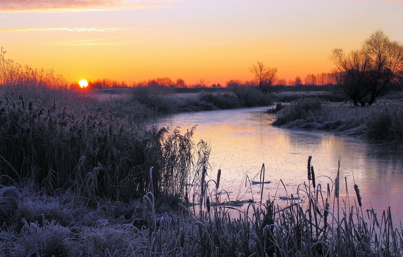 Photo wallpaper frost, sunset, river
