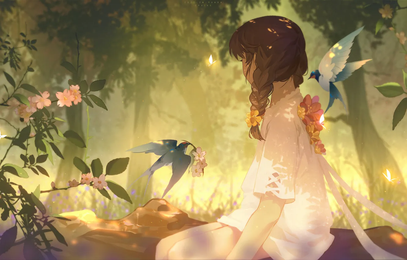 Photo wallpaper flowers, nature, girl, swallow