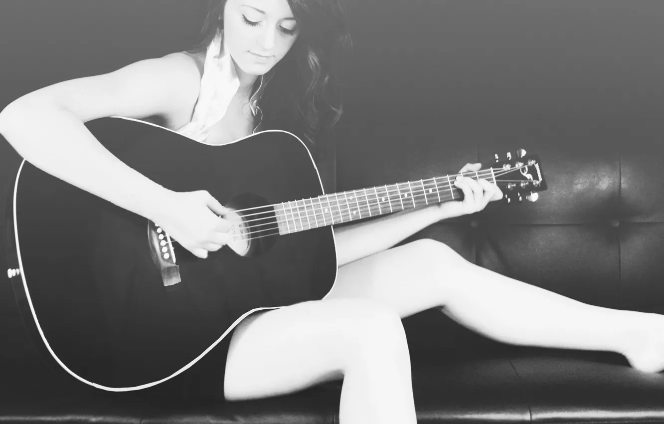 Photo wallpaper girl, background, sofa, guitar, brunette, black and white, woman, gitar