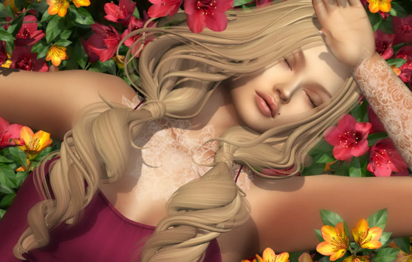 Photo wallpaper girl, flowers, face, hair, lies
