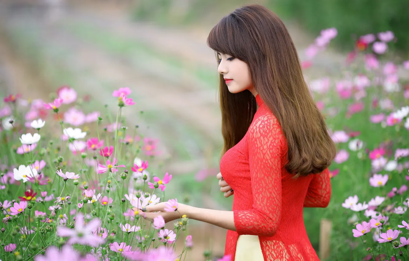 Photo wallpaper girl, flowers, hair, hands, dress, lips, red dress