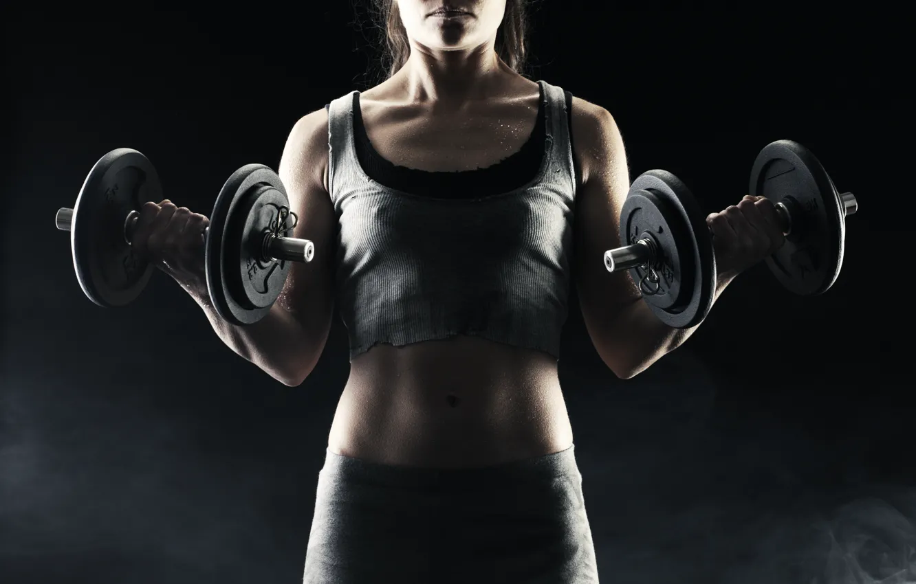Photo wallpaper woman, fitness, dumbbell, dumbbells, arm strength