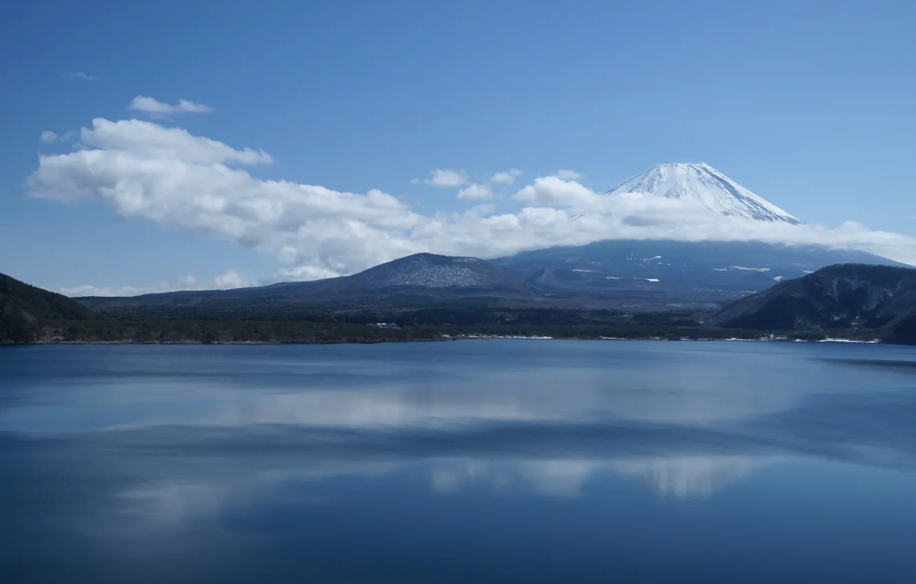 Photo wallpaper clouds, snow, mountains, lake, tops, Japan, peak, Fuji