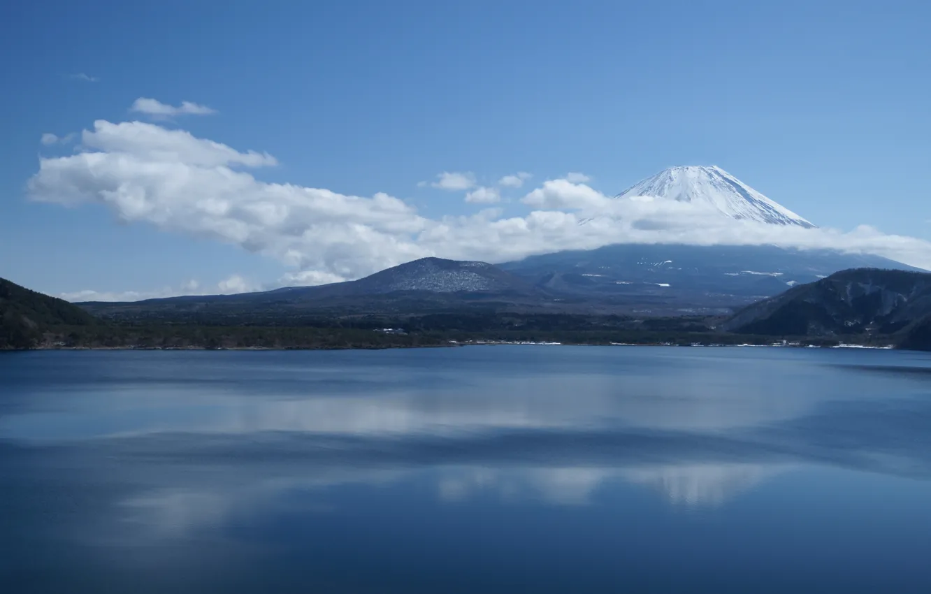 Photo wallpaper clouds, snow, lake, Japan, mountain, top, peak, Fuji