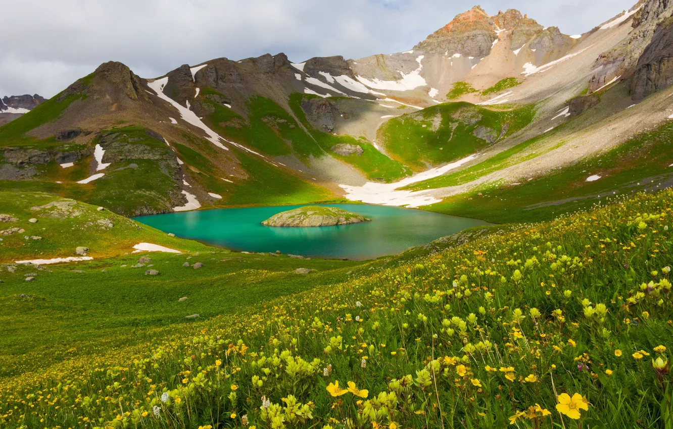 Photo wallpaper greens, snow, flowers, mountains, lake, spring, slope, pond